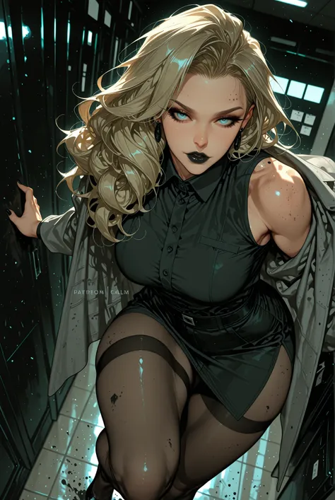 adult female, medium breasts, mature women, mature woman, 1girl, black lipstick,black nails, calm gaze, grayish blue eyes, black eyeliner, dirty blonde hair, black earrings, dark grey pencil skirt(highwaisted, thigh-slit), black dress shirt (sleeveless), g...