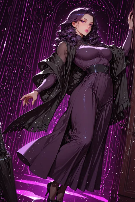 adult female, medium breasts, mature women, mature woman, 1girl, pink lips,, calm gaze purple eyes, white eyeliner, dark purple hair(Eminence shade), seamstress outfit(black shawl), medium breasts, toned body, medium length hair(midlle-back length), slight...