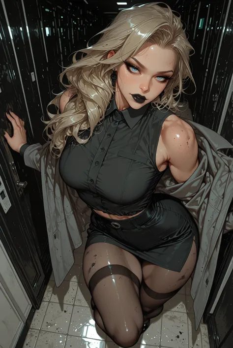 adult female, medium breasts, mature women, mature woman, 1girl, black lipstick,black nails, calm gaze, grayish blue eyes, black eyeliner, dirty blonde hair, black earrings, dark grey pencil skirt(highwaisted, thigh-slit), black dress shirt (sleeveless), g...