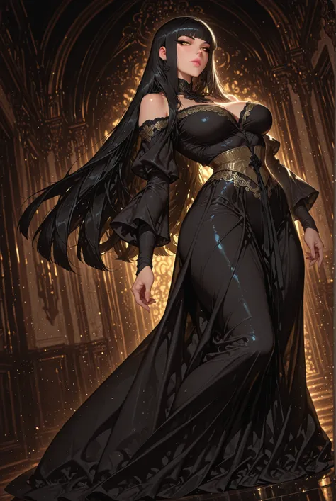 adult female, medium plus sized breasts, mature women, mature woman, 1girl, pink lips, calm gaze, golden eyes, black eyeliner, black hair(hime-cut), black earrings, medium plus sized breasts, toned body, very long hair, straight hair,black velvet gown(off-...