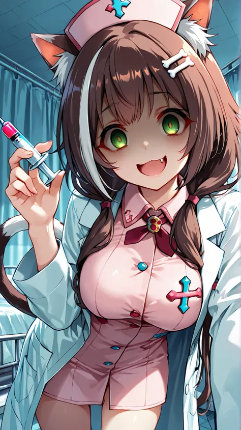 masterpiece, best quality, 1girl, solo, korone, Karyl(Princess Connect),solo,large breasts,bangs,green eyes,female ,long hair, streaked hair, black hair,white hair, low twintails, green eyes,cat ears, cat tail, long hair , brown hair , split bangs , side l...