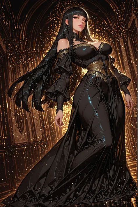 adult female, medium plus sized breasts, mature women, mature woman, 1girl, pink lips, calm gaze, golden eyes, black eyeliner, black hair(hime-cut), black earrings, medium plus sized breasts, toned body, very long hair, straight hair,black velvet gown(off-...