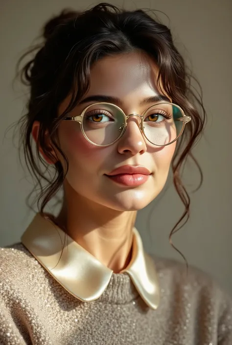 arafed woman wearing a collared satin blouse under a crewneck sweater, warm smile, gorgeous eyes, glasses