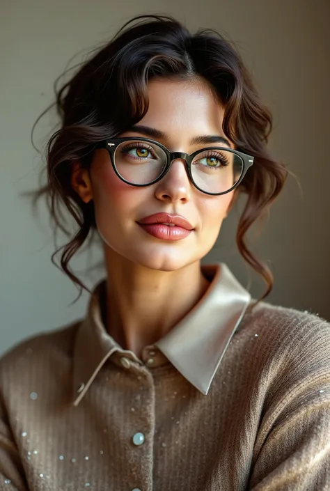 arafed woman wearing a collared satin blouse under a crewneck sweater, warm smile, gorgeous eyes, glasses