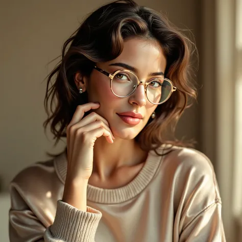 arafed woman wearing a collared satin blouse under a crewneck sweater, warm smile, gorgeous eyes, glasses