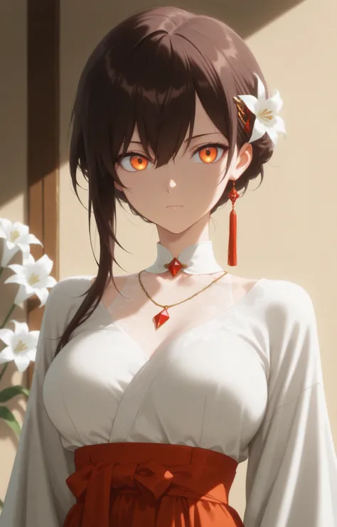 masterpiece, good resolution, HD Quality, newest, good lighting, good anatomy, good resolution, safe, . beautiful, anime, Japanese girl. delicate features. Dark Brown Hair and Short Hair, Hairstyle, hair pins. Deep Orange Eyes. piel clara, medium breasts s...