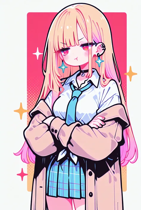 1girl, (chibi:0.7), Jitome, kawaii, sparkle, kitagawa marin \ sulking, :t, pout, looking side, bangs, black eyeliner, blunt bangs, closed mouth, coat, cowboy shot, crossed arms, blonde hair, long hair, multicolored hair, red eyes, jewelry, earrings, pierci...
