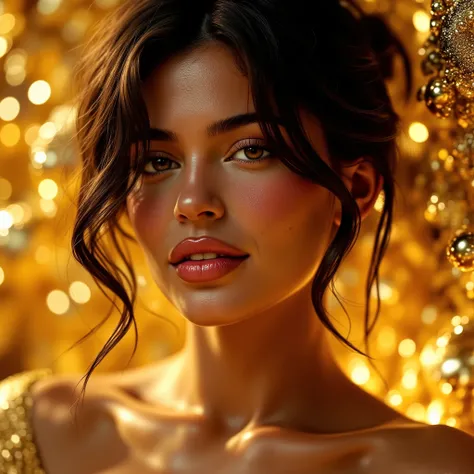 A glamorous woman with tousled waves and a flirtatious smile, set against a luxurious, opulent gold backdrop, adorned with fractal patterns.