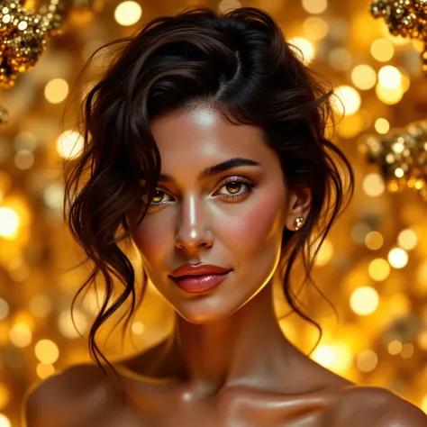 A glamorous woman with tousled waves and a flirtatious smile, set against a luxurious, opulent gold backdrop, adorned with fractal patterns.