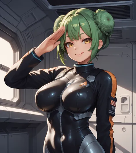 score_9, score_8_up, score_7_up, source_anime, solo, pixel art, 1girl, (bun cover, double bun),  BREAK 

Large breasts, green hair BREAK short hair, double bun, (bun cover), yellow eyes BREAK 

Space suit, black suit BREAK 

Standing, front view, salute, l...