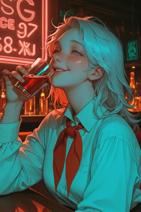 monroesweet,USSR Pioneer,red neckerchief,white shirt,collared shirt,ruanyi1098,bar , neon lights, score_9, score_8_up, score_7_up, 1girl, neon light reflections on skin, neon lights background, low light, bar, drinking, tall classy glass, blue and greeen f...