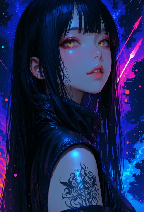 748cmstyle,Ones,Archer girl shoot a arrow to viewer, more tattoo, vivid color, colors, high contrast, ((Isekai world in background.))