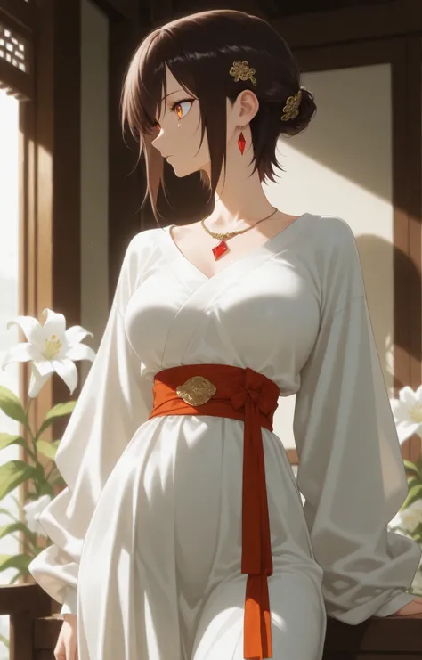 masterpiece, good resolution, HD Quality, newest, good lighting, good anatomy, good resolution, safe, . beautiful, anime, Japanese girl. delicate features. Dark Brown Hair and Short Hair, Hairstyle, hair pins. Deep Orange Eyes. piel clara, medium breasts s...
