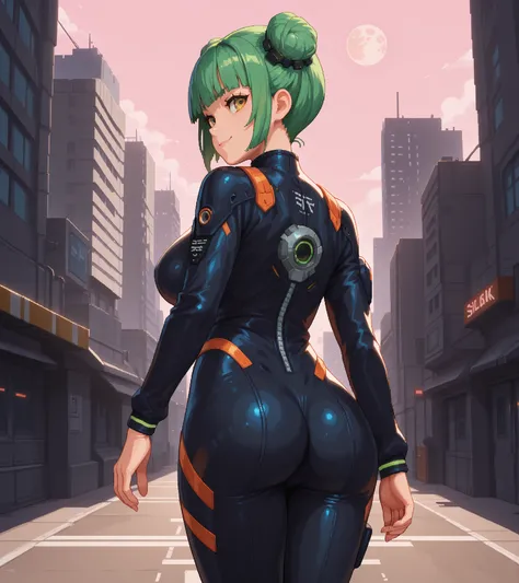 score_9, score_8_up, score_7_up, source_anime, solo, pixel art, 1girl, (bun cover, double bun),  BREAK 

Large breasts, green hair BREAK short hair, double bun, (bun cover), yellow eyes BREAK 

Space suit, black suit BREAK 

Walking, from behind, looking b...