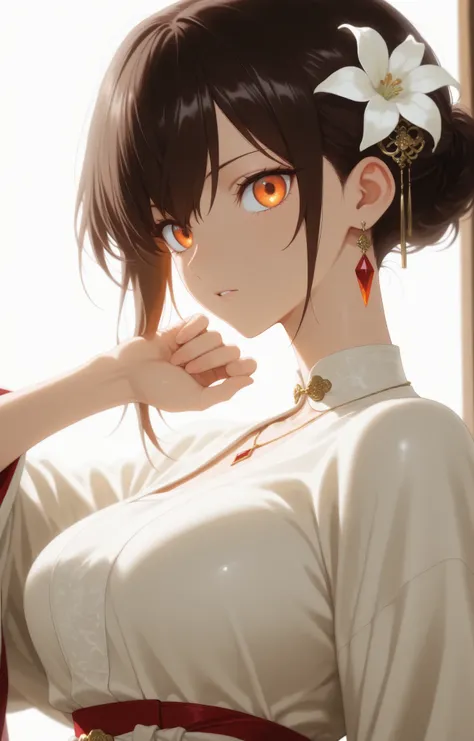masterpiece, good resolution, HD Quality, newest, good lighting, good anatomy, good resolution, safe, . beautiful, anime, Japanese girl. delicate features. Dark Brown Hair and Short Hair, Hairstyle, hair pins. Deep Orange Eyes. piel clara, medium breasts s...
