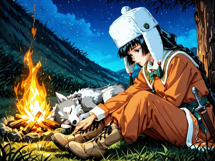 1 girl with little wolf,sleeping,bonfire,pretty girl,black eyes,black hair,long hair,braids,skinny,masterpiece,general,highres, ultra-detailed,very aesthetic,best quality ,best hands,best eyes,perfect anatomy,anime coloring,retro art style,1990s /(style/),...