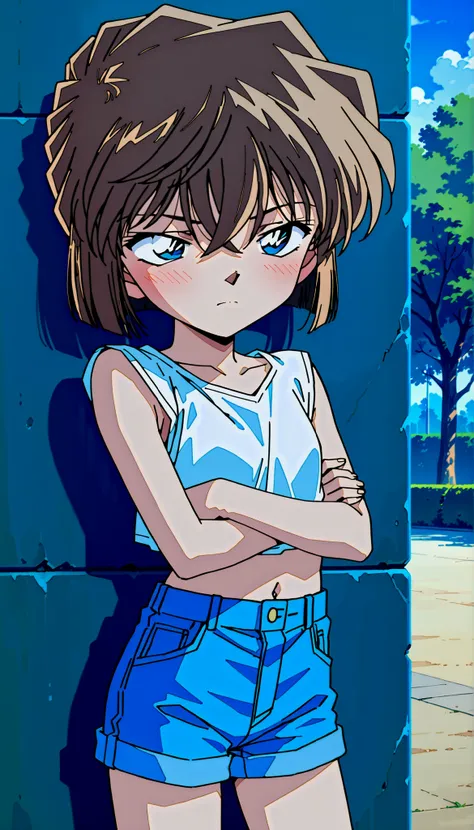 score_9,score_8_up,score_7_up,1990s \(style\),anime coloring,BREAK,nsfw,1girl,solo,Detective Conan style,haibara ai,short hair,brown hair,blue eyes,(sanpaku),hair between eyes,BREAK,(low-rise),hot-pants,,very short pants,undo pants,summer style clothes,BRE...