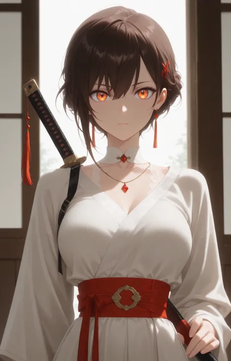 masterpiece, good resolution, HD Quality, newest, good lighting, good anatomy, good resolution, safe, . beautiful, anime, Japanese girl. delicate features. Dark Brown Hair and Short Hair, Hairstyle, hair pins. Deep Orange Eyes. piel clara, medium breasts s...