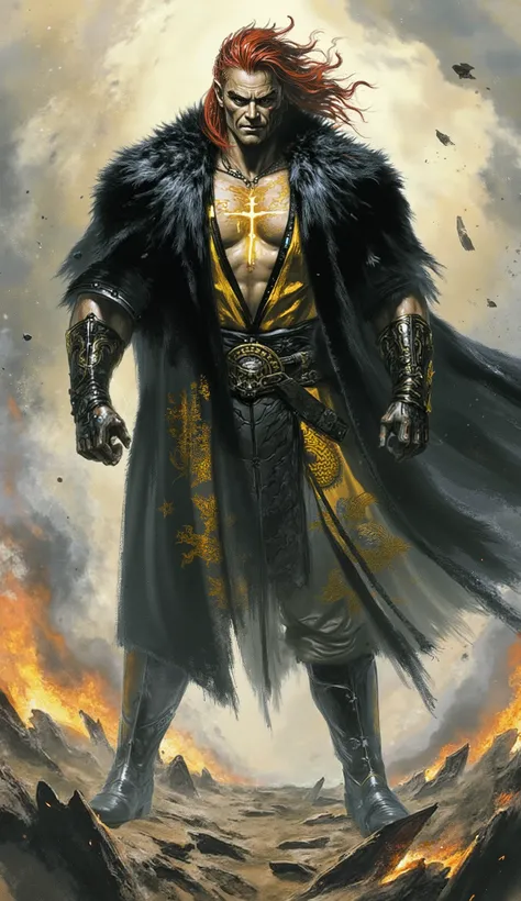 (masterpiece, best quality, 8k, absurdres, ultra-detailed, professional concept art), epic fantasy character portrait of a colossal wuxia overlord. He is a middle-aged man of immense muscularity, his body a testament to countless battles. His chiseled, wea...