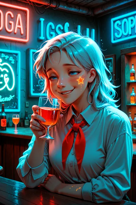 monroesweet,USSR Pioneer,red neckerchief,white shirt,collared shirt,ruanyi1098,bar , neon lights, score_9, score_8_up, score_7_up, 1girl, neon light reflections on skin, neon lights background, low light, bar, drinking, tall classy glass, blue and greeen f...