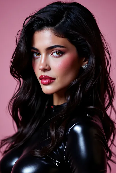 Kylie Jenner, long wavy black hair, latex blouse,spits on blouse,detailed eyes and face,ultra-detailed brunette hair,attractive appearance,confident gaze,longeyelashes,beauty,sexy,modern fashion style,black high heels,fashionable,wet blouse,shiny latex mat...