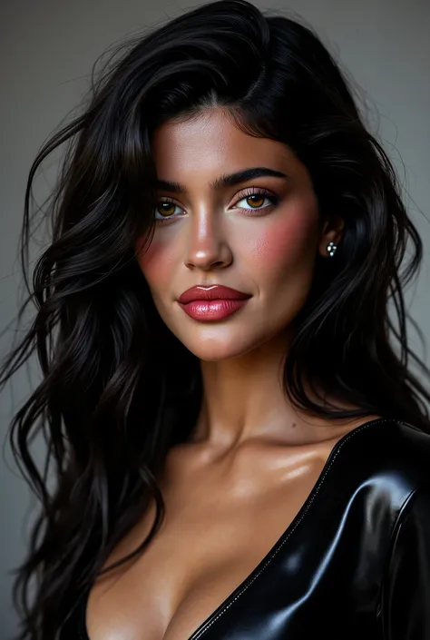 Kylie Jenner, long wavy black hair, latex blouse,spits on blouse,detailed eyes and face,ultra-detailed brunette hair,attractive appearance,confident gaze,longeyelashes,beauty,sexy,modern fashion style,black high heels,fashionable,wet blouse,shiny latex mat...