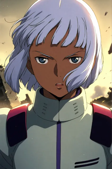 anime style, dramatic bust-up portrait of Loran Cehack from Turn A Gundam, silver hair gently blowing in the wind, calm yet determined expression, intense eyes gazing forward, futuristic pilot suit with subtle details, soft golden backlight illuminating hi...