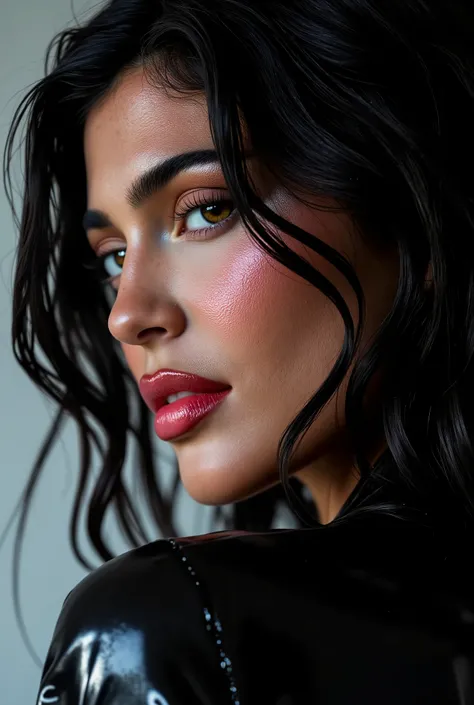 Kylie Jenner, long wavy black hair, latex blouse,spits on blouse,detailed eyes and face,ultra-detailed brunette hair,attractive appearance,confident gaze,longeyelashes,beauty,sexy,modern fashion style,black high heels,fashionable,wet blouse,shiny latex mat...