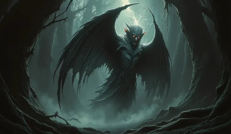 In a shadowy forest, a fae with dark wings and piercing eyes is casting a sinister spell, spreading dread. Ultra-realistic, high detail, eerie and mystical