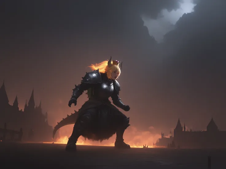 bowsette super mario bros, dark Souls stylebowsette, female humanoid creature, nintendo character, super mario bros, dark souls style, fantasy, medieval, armor, crown, long hair, monstrous features, powerful, fierce expression, detailed facial features, fu...