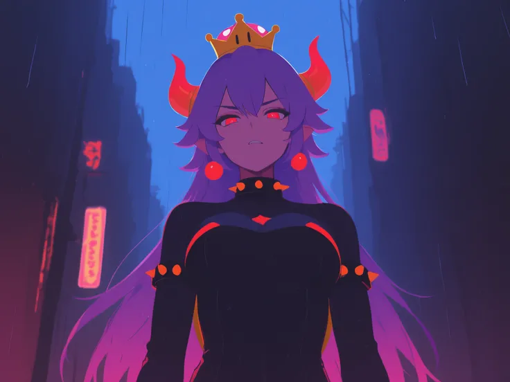 bowsette super mario bros,(Sin City) style,black and red palette,red accents,bowsette,detailed facial features,sultry expression,confident posture,ornate crown,spiked choker,form-fitting bodysuit,long purple hair,black and red palette,dark urban environmen...
