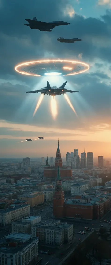 high res images、Moscow's urban area、SU-57 intercepting UFOs、creative image、UFO appearing above Red Square、UFO firing leather rays at the building、under a dramatic blue sky((masterpiece))、image of the stealth fighter SU-57 firing missiles in an attack start...