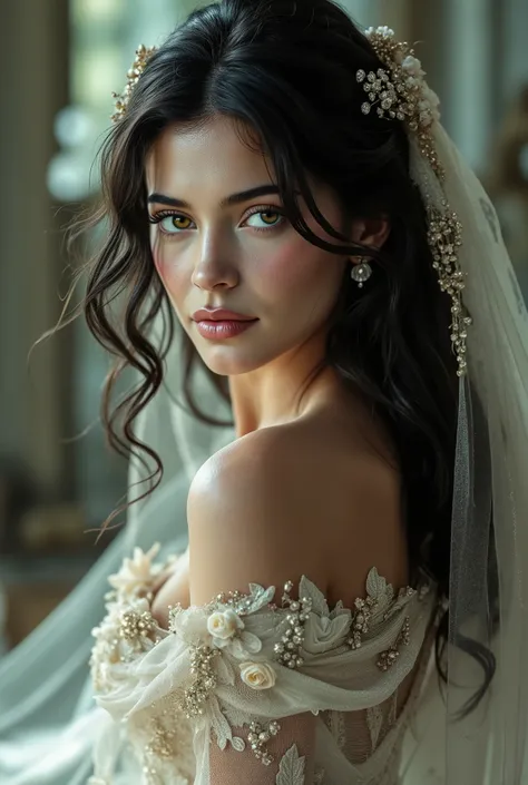 bride with long black wavy hair