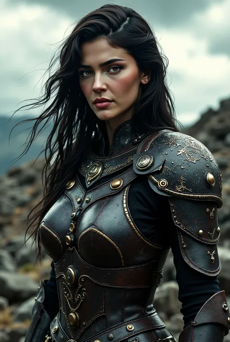 woman in armor, long black hair, brown eyes