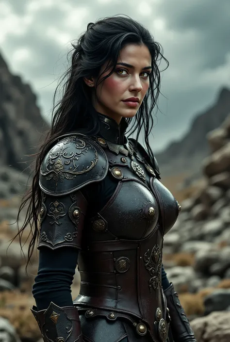 woman in armor, long black hair, brown eyes