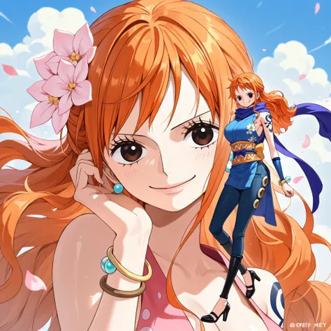 Thousands of flowers bloom,  Ninja clothing, earrings,   high heels, bracelet,  tattoo , orange hair,  masterpiece,  healthy look 、 One Piece Nami、dynamic、Portrait、beautiful background with sky and clouds、camera、smile、 close one eye、full body、