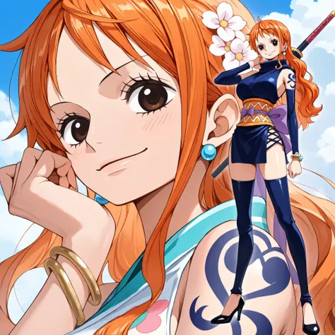 Thousands of flowers bloom,  Ninja clothing, earrings,   high heels, bracelet,  tattoo , orange hair,  masterpiece,  healthy look 、 One Piece Nami、dynamic、Portrait、beautiful background with sky and clouds、camera、smile、 close one eye、full body、