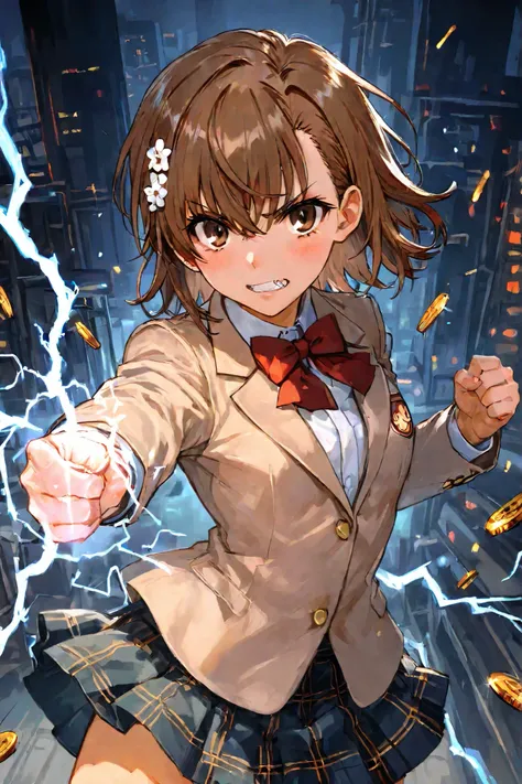 acrylic painting style, dynamic action shot of Misaka Mikoto from A Certain Scientific Railgun, short brown hair whipping from the force, fierce and focused expression, glowing sparks and electric arcs coiling around her outstretched arm, metal coin suspen...