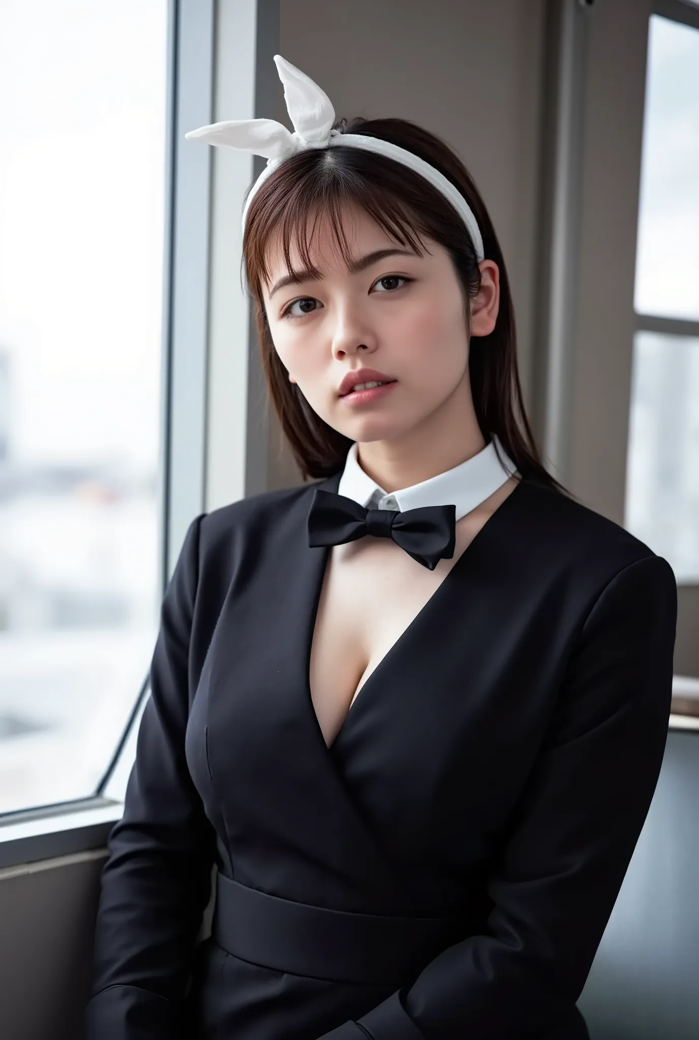 Jed-bny, Black Bodysuit, white Bunny Ears Headband, White Collar, Black Bow Tie, (masterpiece, top quality , details, 8k, 4K, high resolution, ridiculous :1.3)koshiba_fuka,medium shot、 background is inside a train、Big breasts,  anatomically accurate,high-d...