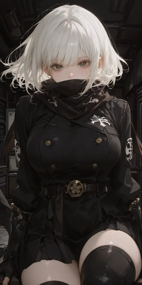 best quality, masterpiece, ultra detailed, atnr, SagawaStyle, 748cmstyle, 1girl, (floating breasts:1.4), large breast, sweet, white hair, shiny skin, overly detailed pupils, Japanese ninja, scarf, covered mouth, (dark office background:1.3)