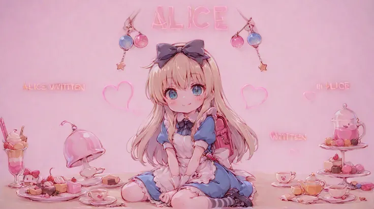 ((Alice written at the top of the image, in pastel pink letters, neon effect and with cute decorations around it 1:2)) A super cute illustration of Hello Kitty sitting down with a peace sign, wearing a pink plaid outfit and a small backpack. She is surroun...