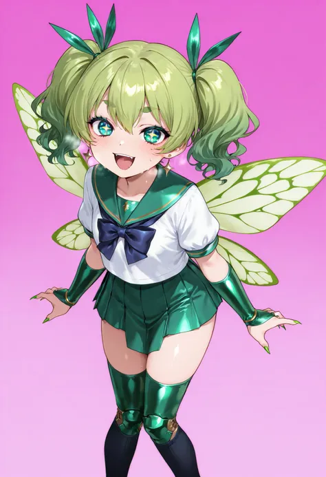 Green hair gal. Wavy hair. Short twin tails. Sparkly eyes. Japanese school uniform. Sharp claws. Green metallic armored nails. Loincloth. Insect wings. Long socks. Chains.
