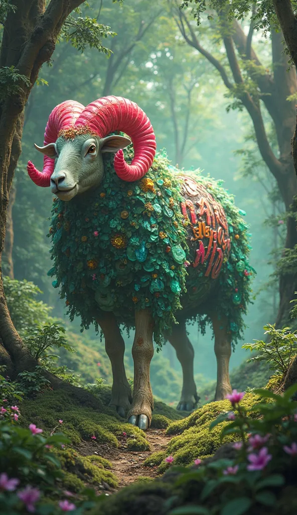 A ruby green sheep written in large letters nqa2 al6be3a walks in a forest that is all trees and herbs