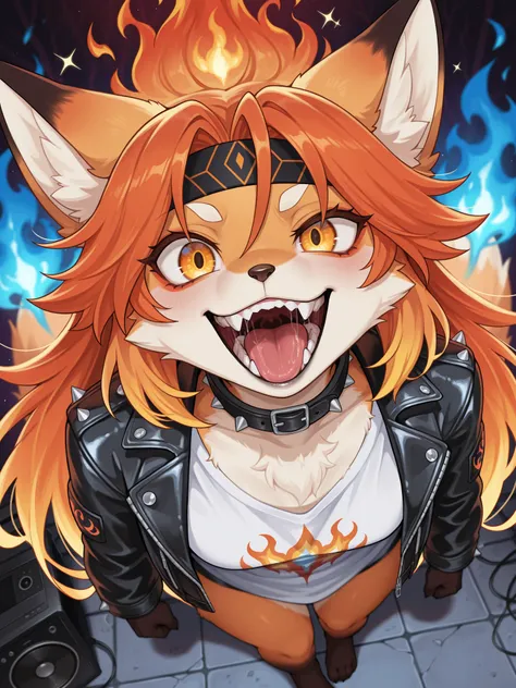 1girl, furry, anthro, Dark Ambient, Sparkle, anthro furry female orange fox, phoenix fox girl, Orange Fur, long hair, gradation hair, orange flame hair ( blue flameの髪:1.2), Hair between eyebrows, Sparkleing gradient orange yellow eyes, big eyes, asymmetric...