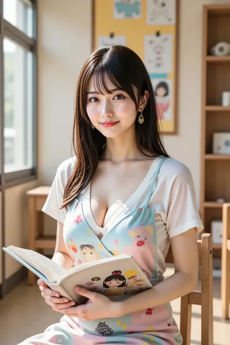 haruka,professional photography, masterpiece, high resolution, an upper body portrait of a 20-year-old warm-hearted Japanese woman with a gentle and loving smail, working as a nursery school teacher. She has delicate Japanese facial features, a soft angula...