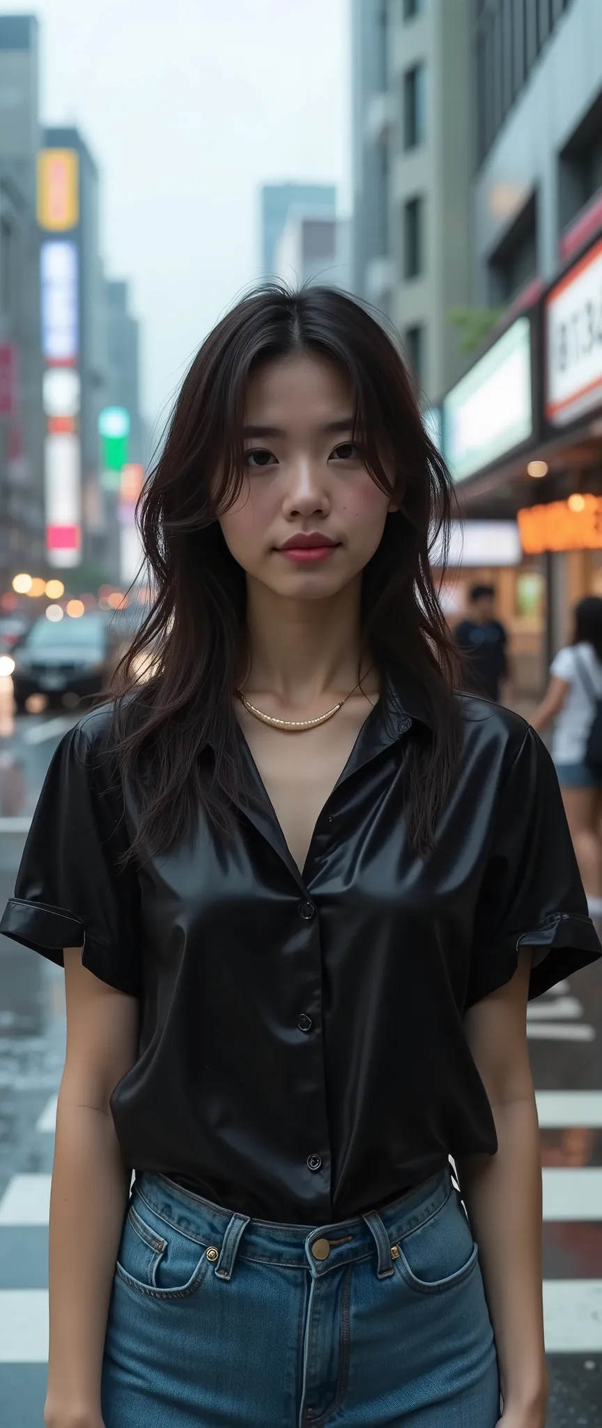 high-resolution images、Japanese woman standing on the sidewalk in the rain、scramble crossing、Places with a lot of traffic、Wet Hair、Cute black shirt and denim outfit、Beautiful Face、Young and sweet、25 year old model、Wearing denim、lovely young 