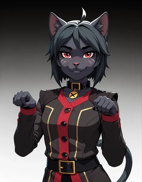 dr4g0n-style, masterpiece, best quality, very aesthetic, 1girl, solo, white background, looking at viewer, portrait, paw pose, :3, furry female, cat girl, animal ears, black hair, short hair, black skin, red eyes, cat tail, black jacket, buttons, long slee...