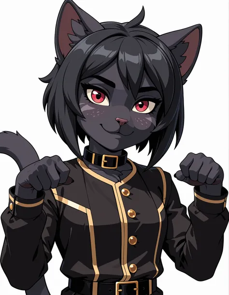 dr4g0n-style, masterpiece, best quality, very aesthetic, 1girl, solo, white background, looking at viewer, portrait, paw pose, :3, furry female, cat girl, animal ears, black hair, short hair, black skin, red eyes, cat tail, black jacket, buttons, long slee...