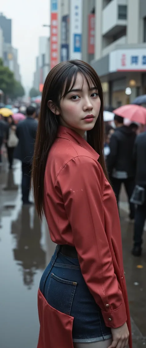 high-resolution images、in the rain、Japanese woman standing on the sidewalk soaking wet、scramble crossing、A place with lots of people holding umbrellas、wet hair、cute red shirt and denim costume、Beautiful Face、Young and adorable、25 year old model、Wearing den...