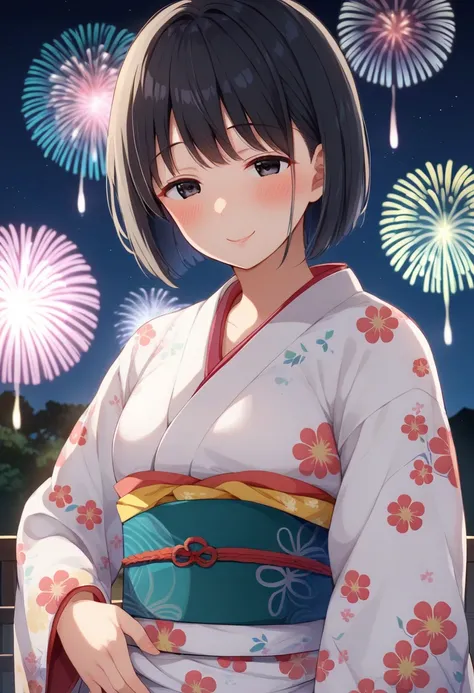 score_9, score_8_up, score_7_up, (nsfw, Arakure), (1girl, solo), (upper body, stares at viewers with her lips), (has short black hair, bob cut, Sex), (black eyes, drunk eyes)，Smile，(blush:1.2), (美しいKimono , Kimono, floral print, Band, long sleeve, Obi  )，Middle-aged woman，Middle-aged obesity，Chubby，round face，Petite body，Short Height，Japan's big lakeside, (Night Sky, Aerial fireworks，Beautiful fireworks)，Authentic setting，anime style，glitter，depth of subject，fisheye lens，glitter，